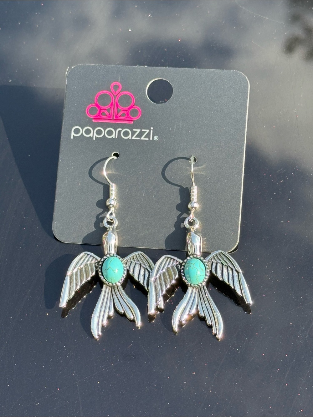 paparazzi Silver Turquoise Bird Charm Dangle Earrings